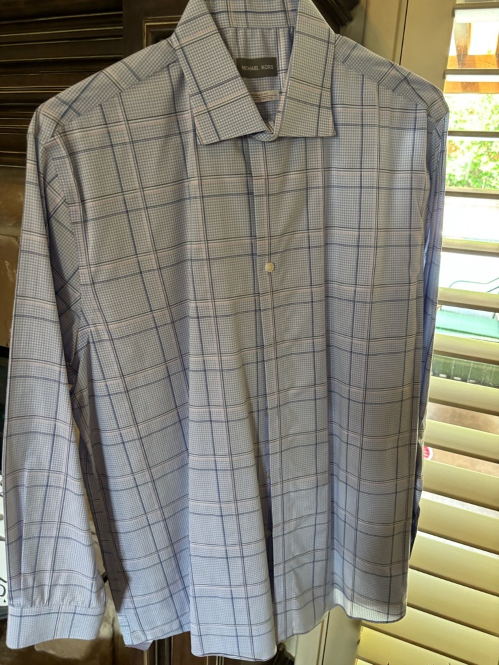 Michael Kors Men’s Light Blue Plaid Dress Shirt. Still in dry cleaning plastic